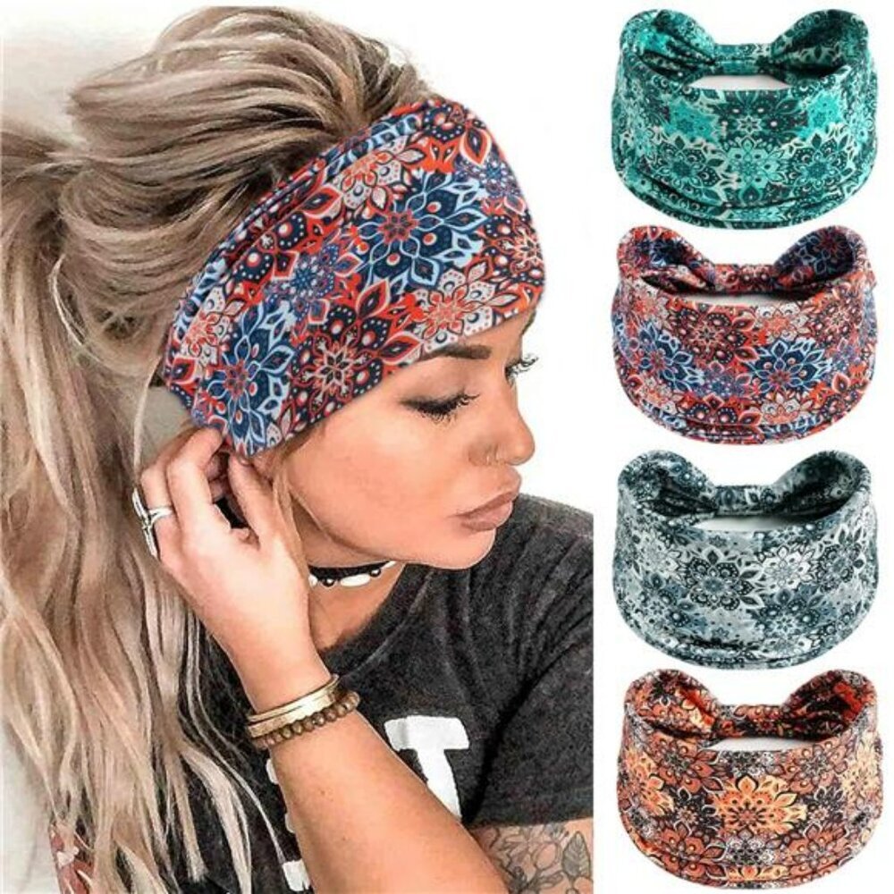 Wide boho floral headbands women girls yoga workout turban hair wraps accessorie